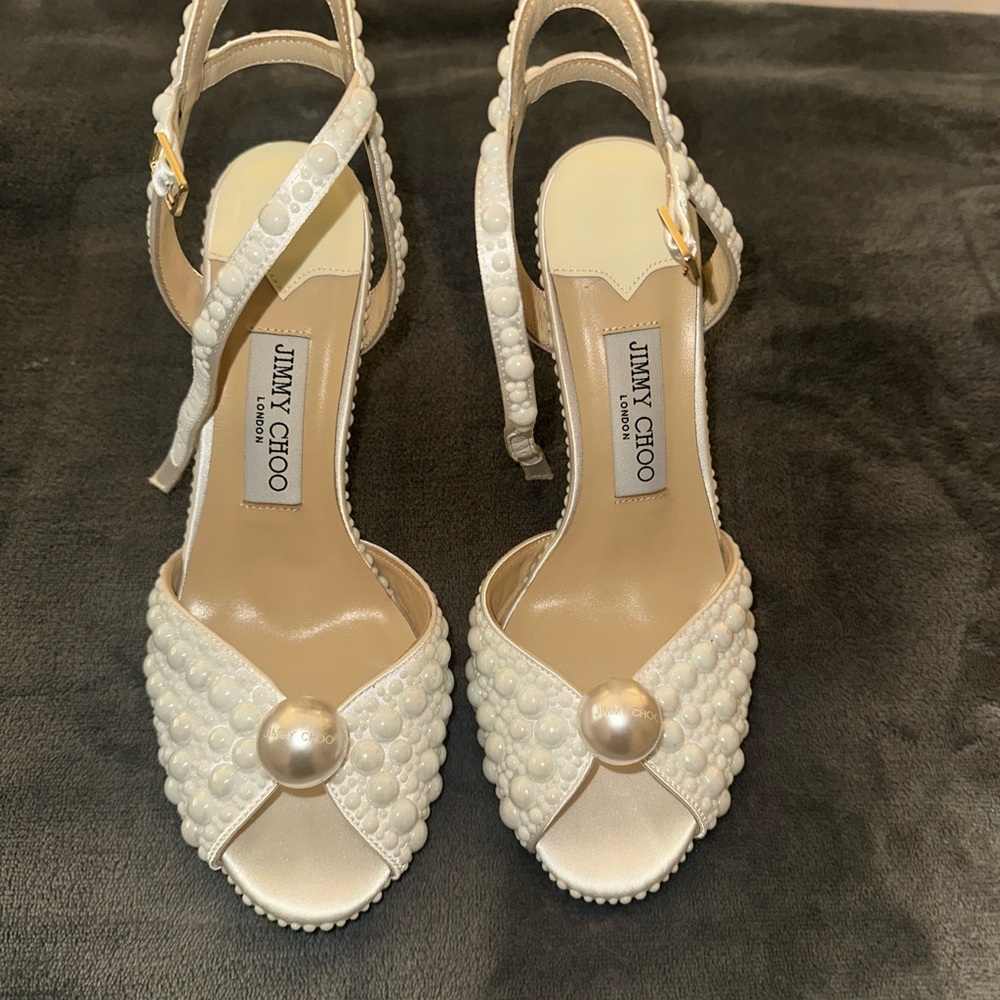 Jimmy Choo Ivory Pearl-Embellished Slingback Heels